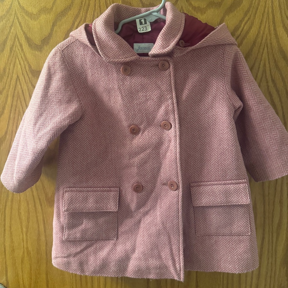 Jacadi Pink Wool Blend Herringbone Coat 12M Double Breasted